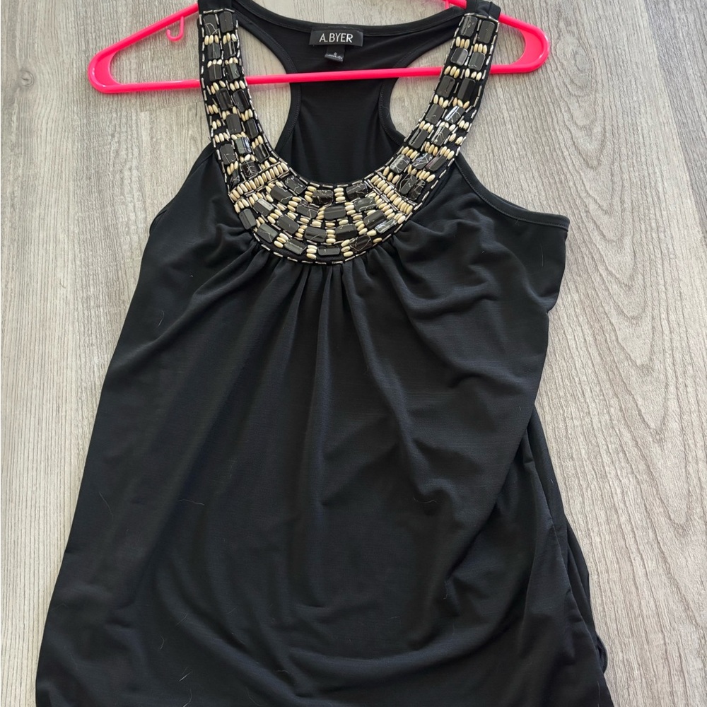 A. Byer Black Embellished Ruched Tank Top